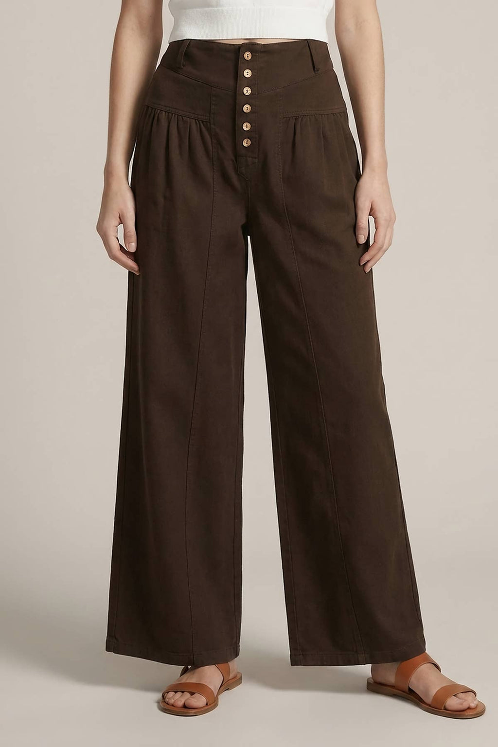 COTTON TWILL WIDE LEG BUTTON CLOSURE CROP PANTS - 8899P: Espresso / L