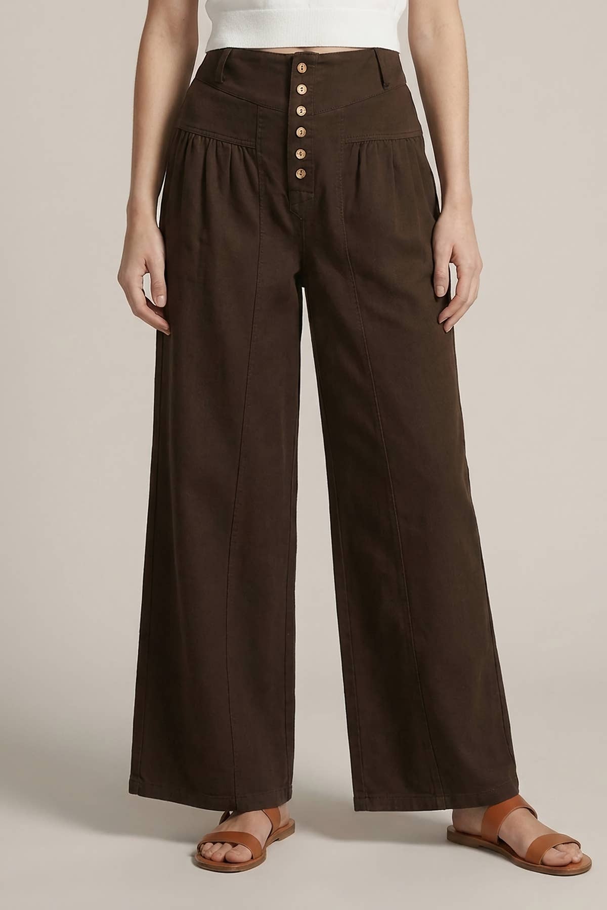 COTTON TWILL WIDE LEG BUTTON CLOSURE CROP PANTS - 8899P: Espresso / L