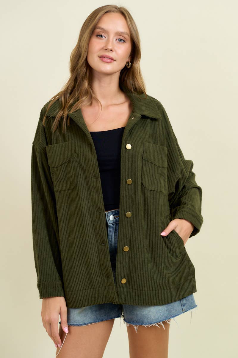 Corduroy Front Button Down Oversized Jacket - 10613J-1