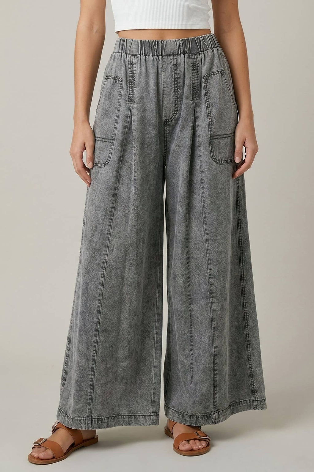 CHAMBRAY ELASTIC WAIST WIDE LEG CULOTES PANTS - 8952P: Black / S