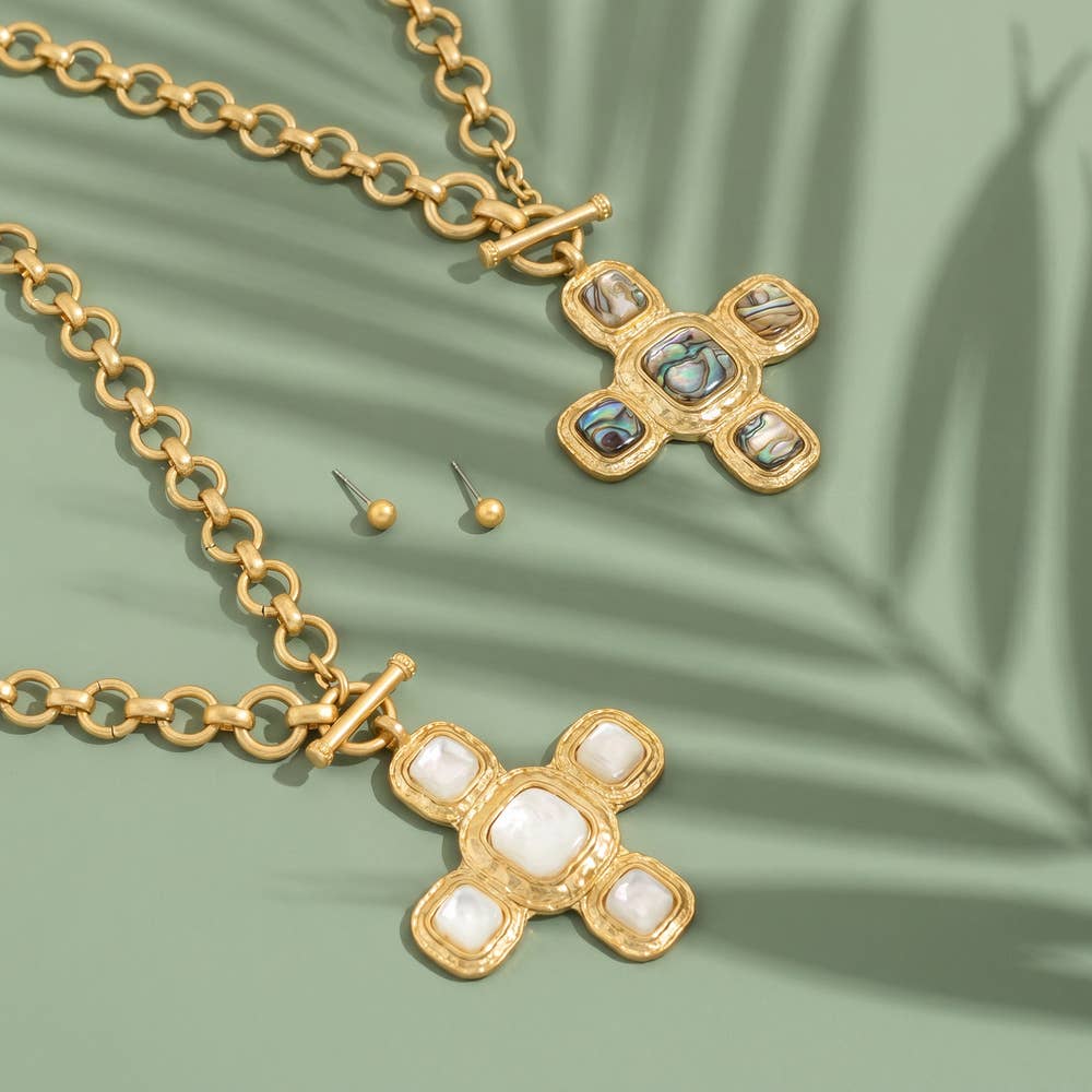 Abalone Inlay Cross Toggle Necklace