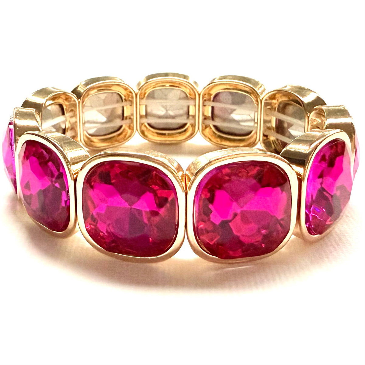 Crystal Glass Color Framed Stretch Bracelet Gold Pink