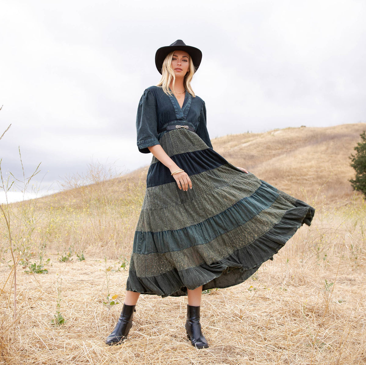 Vintage Mixed Texture Patchwork Dress - Boho Maxi NEW