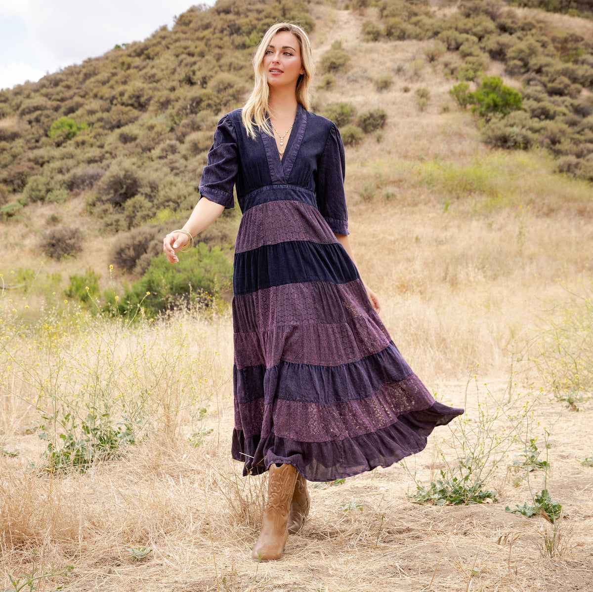 Vintage Mixed Texture Patchwork Dress - Boho Maxi NEW