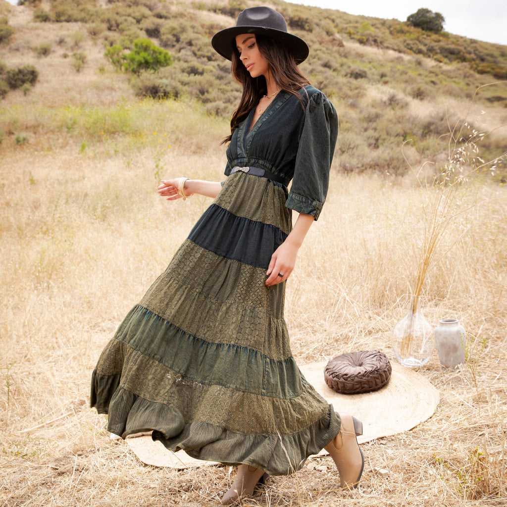 Vintage Mixed Texture Patchwork Dress - Boho Maxi NEW