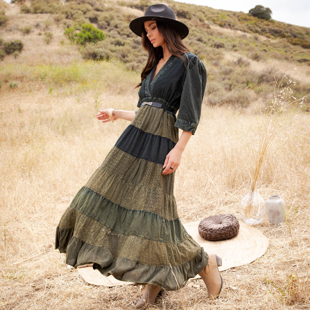 Vintage Mixed Texture Patchwork Dress - Boho Maxi NEW