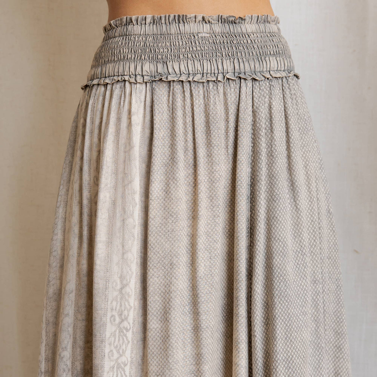 Rustic Textured Smocked Waist Ruffled Tiered Maxi Skirt