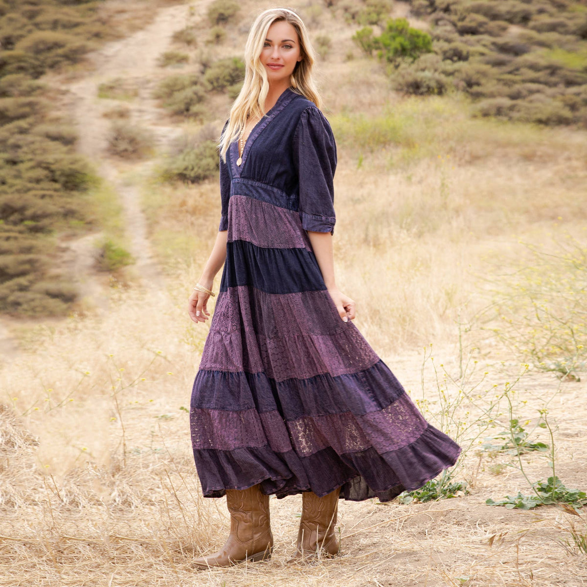 Vintage Mixed Texture Patchwork Dress - Boho Maxi NEW