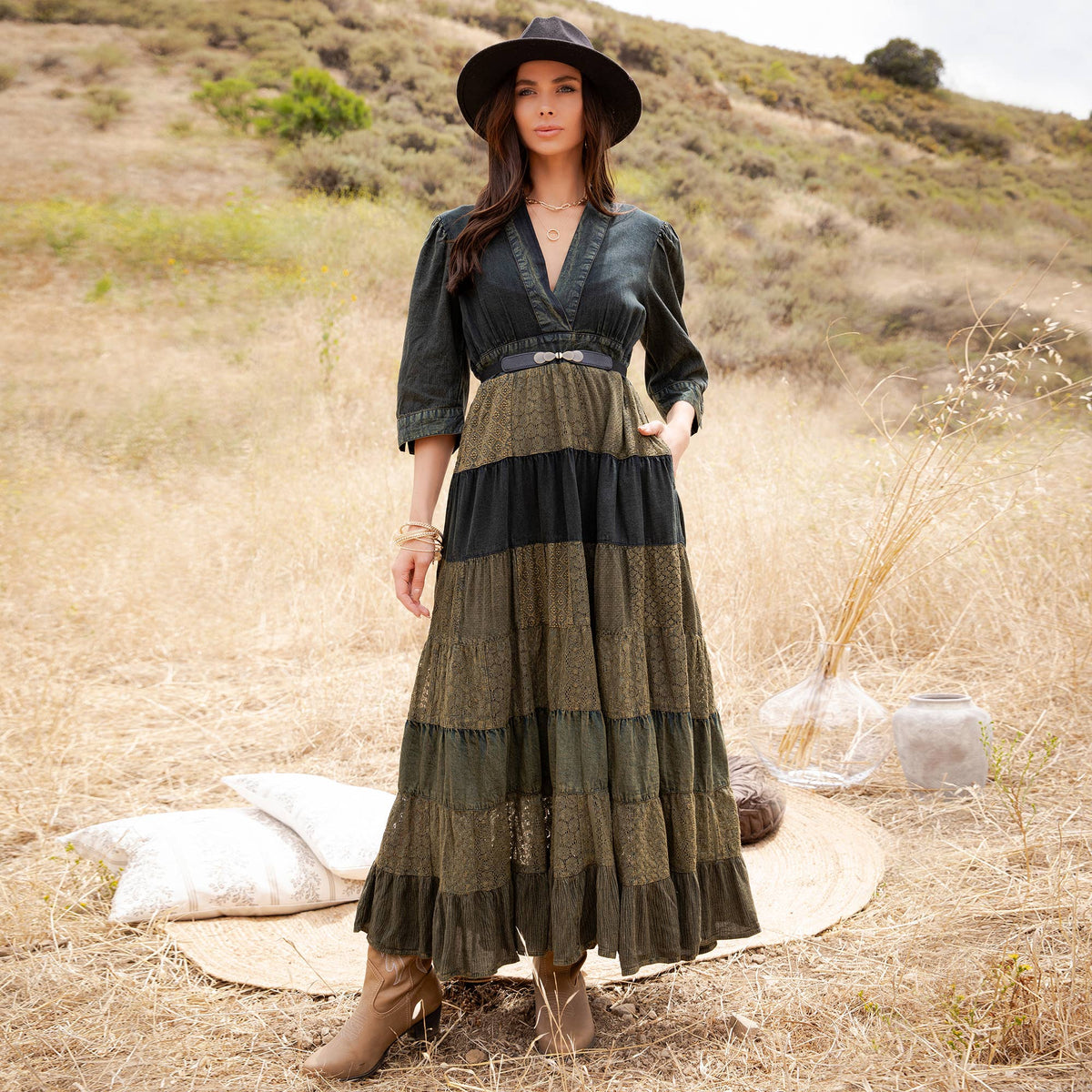 Vintage Mixed Texture Patchwork Dress - Boho Maxi NEW