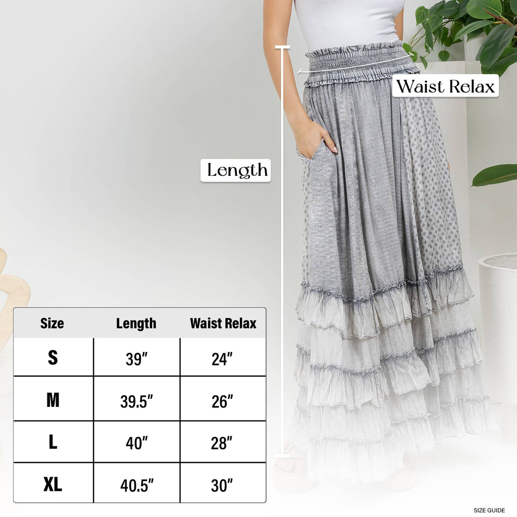 Rustic Textured Smocked Waist Ruffled Tiered Maxi Skirt