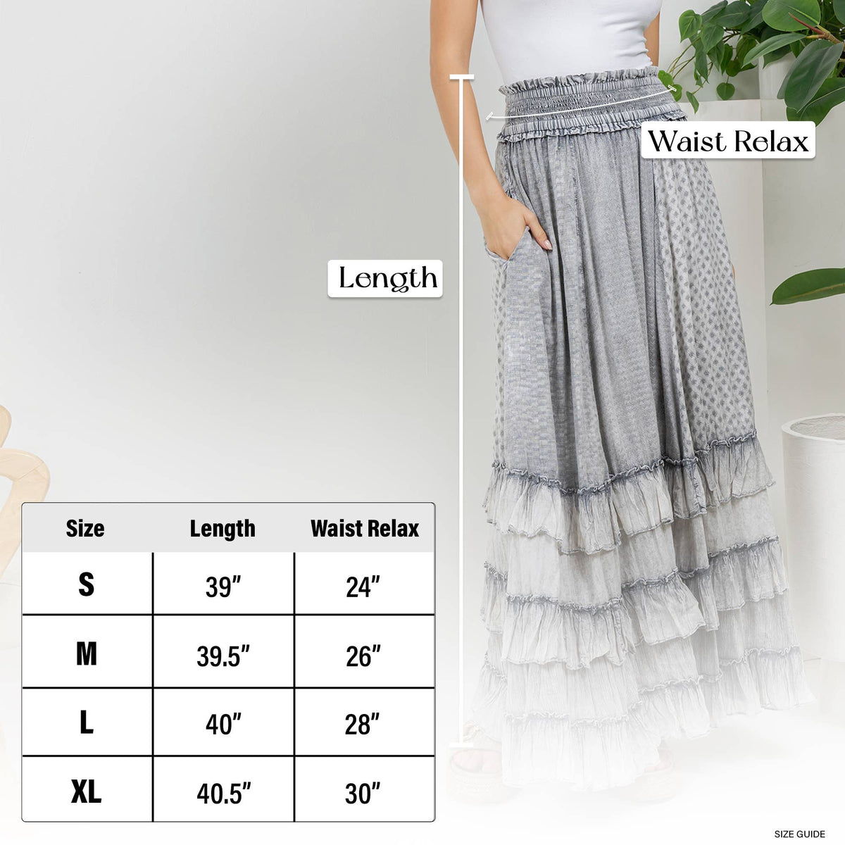 Rustic Textured Smocked Waist Ruffled Tiered Maxi Skirt