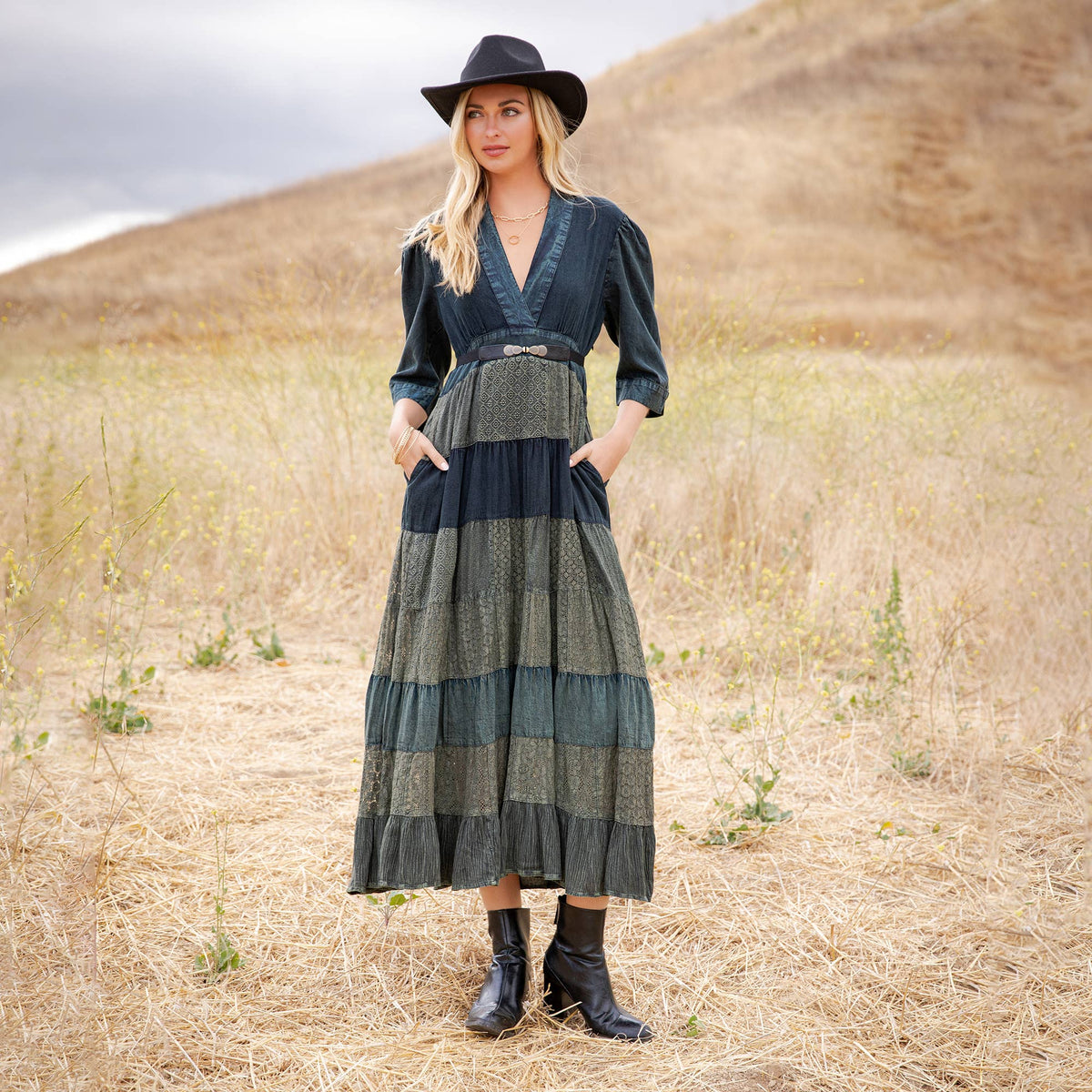 Vintage Mixed Texture Patchwork Dress - Boho Maxi NEW
