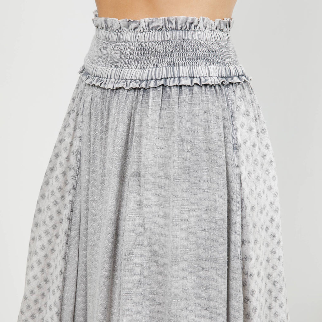 Rustic Textured Smocked Waist Ruffled Tiered Maxi Skirt