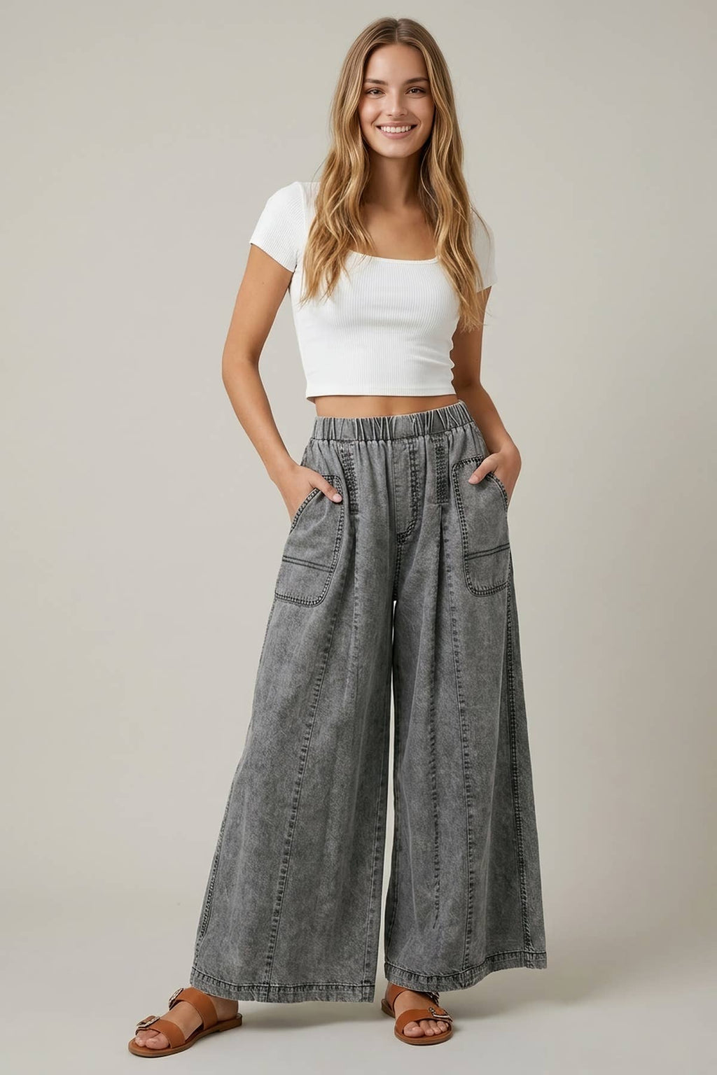 CHAMBRAY ELASTIC WAIST WIDE LEG CULOTES PANTS - 8952P: Black / S