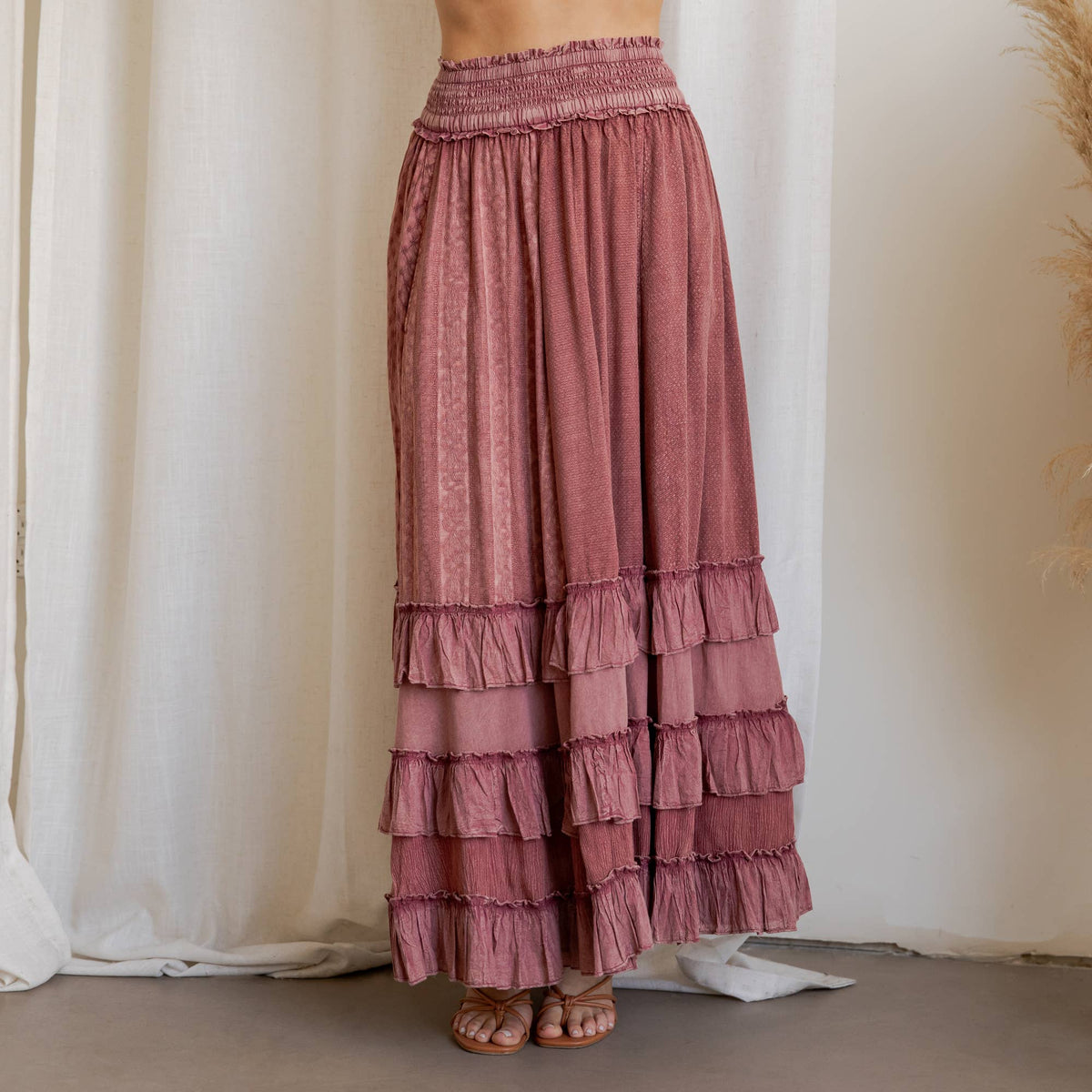 Rustic Textured Smocked Waist Ruffled Tiered Maxi Skirt