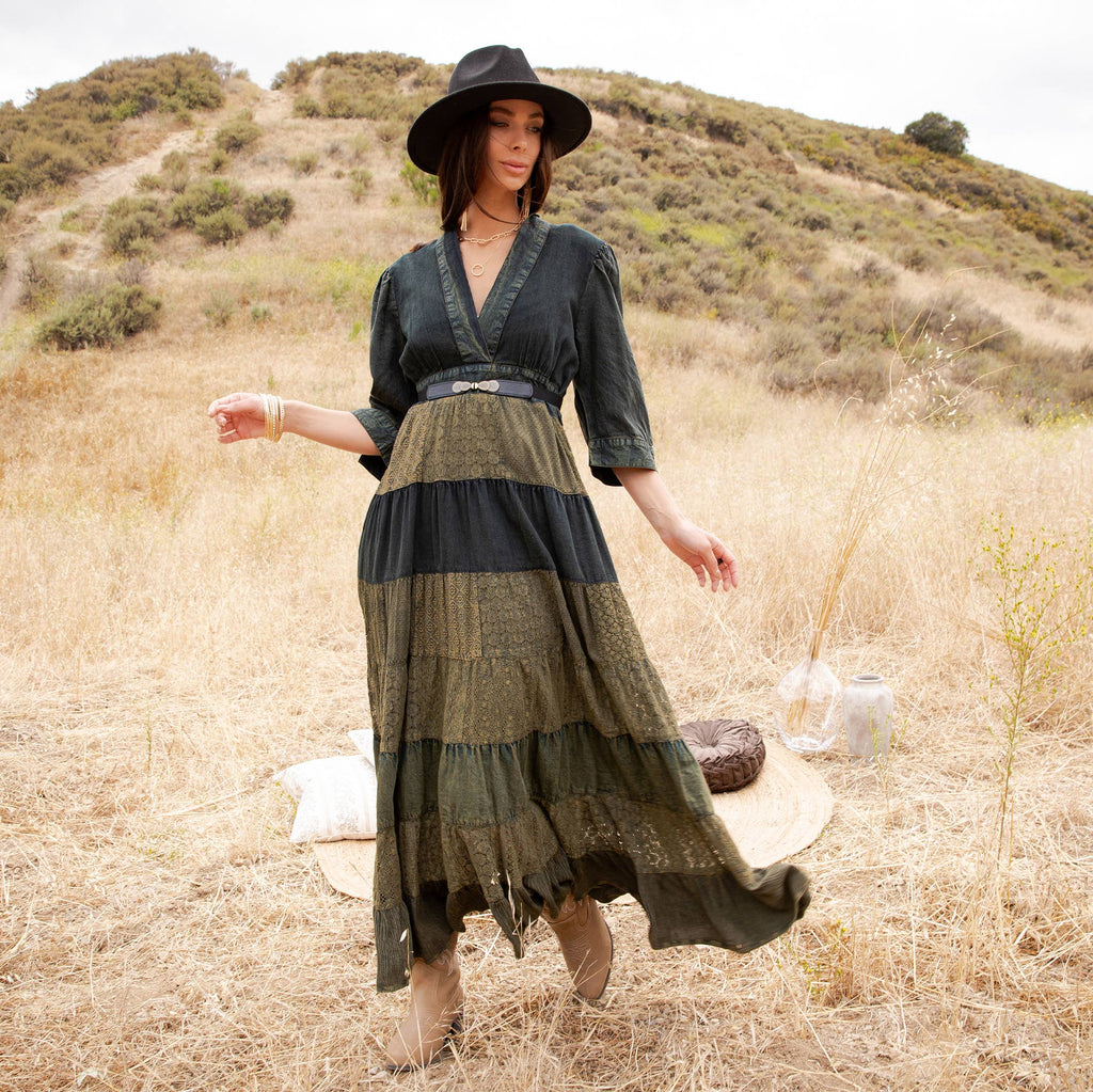 Vintage Mixed Texture Patchwork Dress - Boho Maxi NEW