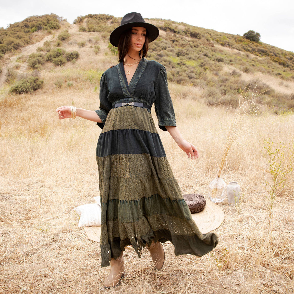 Vintage Mixed Texture Patchwork Dress - Boho Maxi NEW