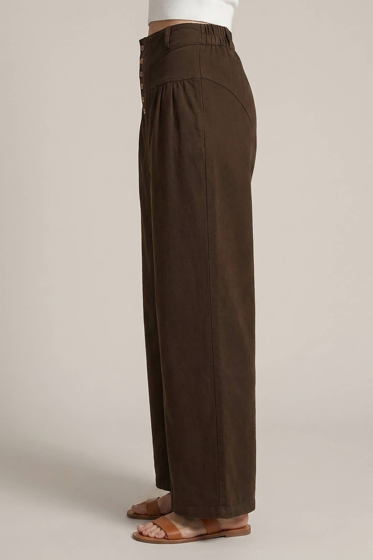 COTTON TWILL WIDE LEG BUTTON CLOSURE CROP PANTS - 8899P: Espresso / L