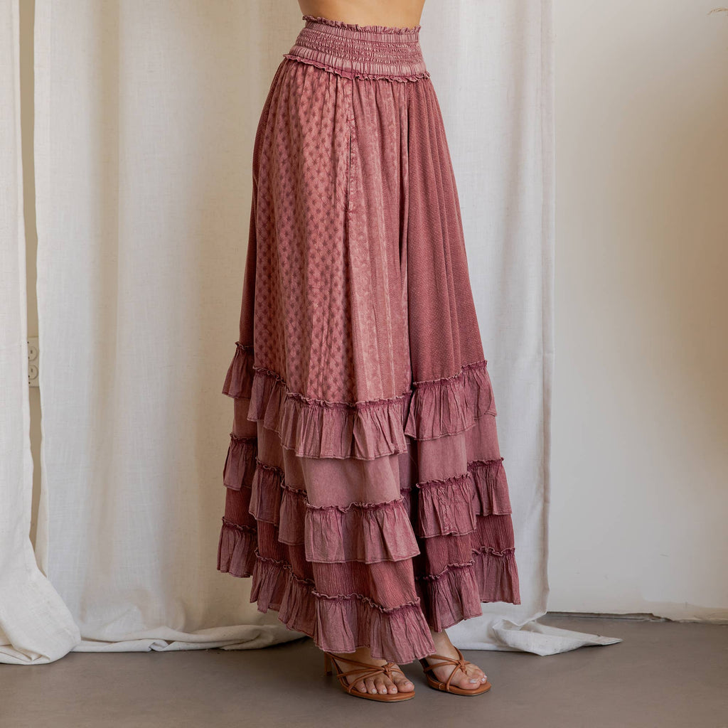 Rustic Textured Smocked Waist Ruffled Tiered Maxi Skirt