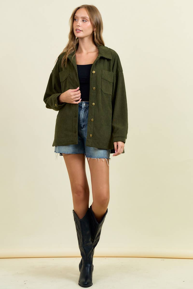 Corduroy Front Button Down Oversized Jacket - 10613J-1