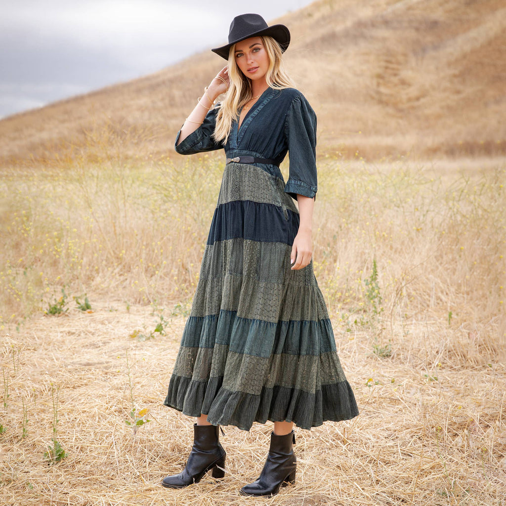 Vintage Mixed Texture Patchwork Dress - Boho Maxi NEW