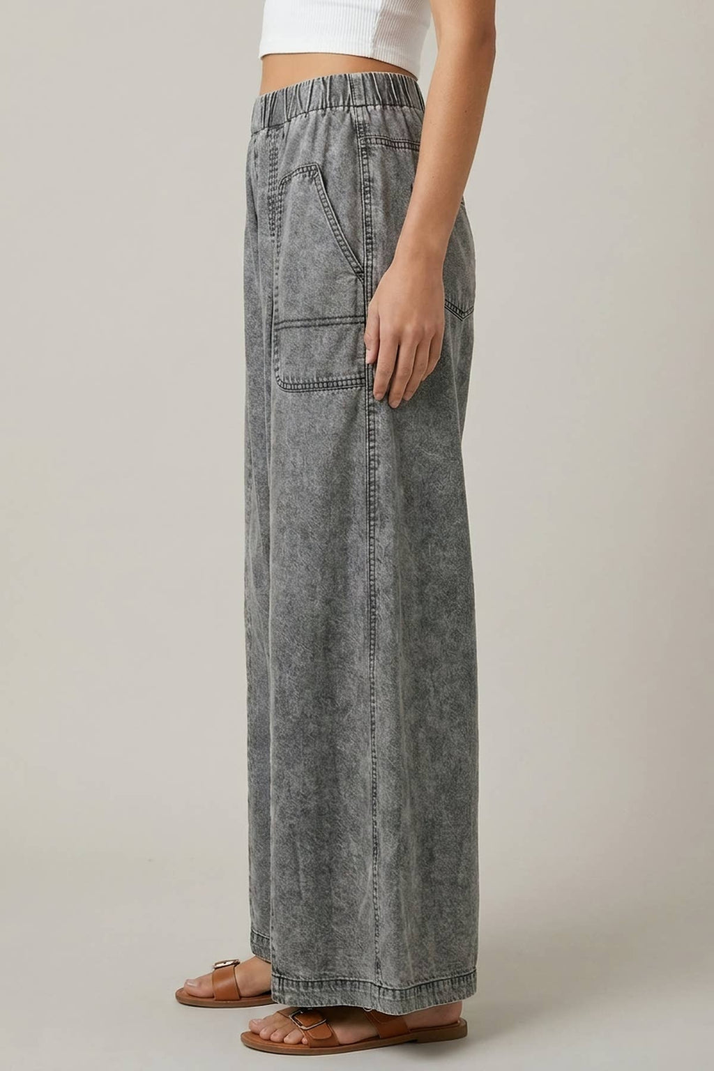 CHAMBRAY ELASTIC WAIST WIDE LEG CULOTES PANTS - 8952P: Black / S