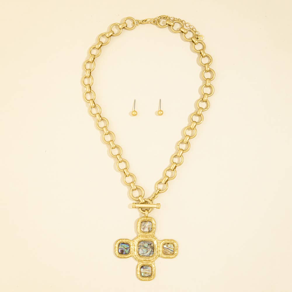 Abalone Inlay Cross Toggle Necklace