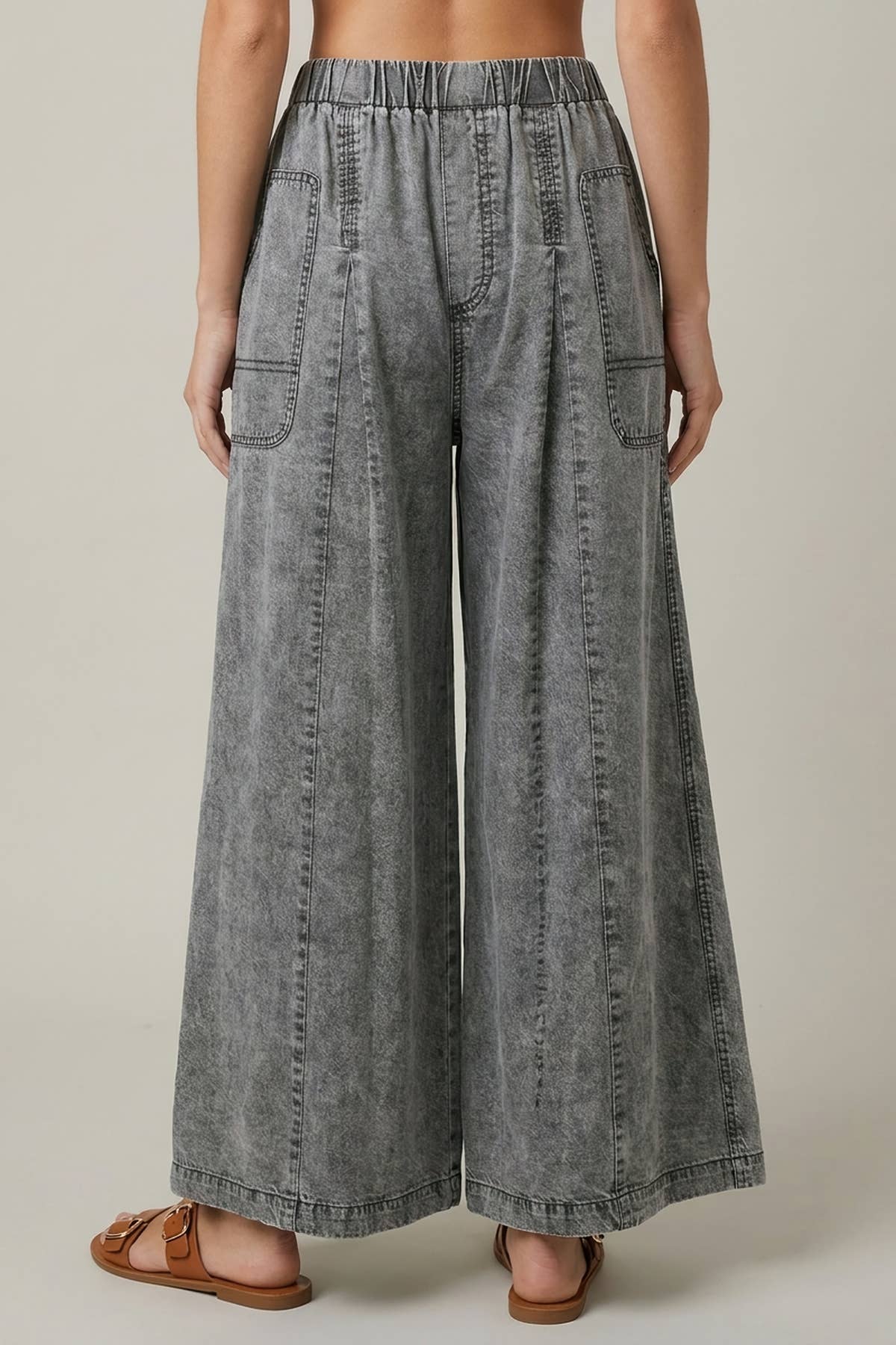 CHAMBRAY ELASTIC WAIST WIDE LEG CULOTES PANTS - 8952P: Black / S