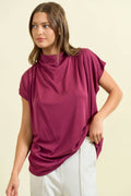 DRAPED SHOULDER DOLMAN CUPRO TOP - 45311T: Burgundy / L