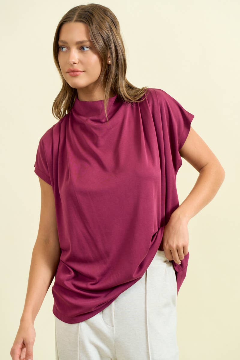 DRAPED SHOULDER DOLMAN CUPRO TOP - 45311T: Burgundy / L