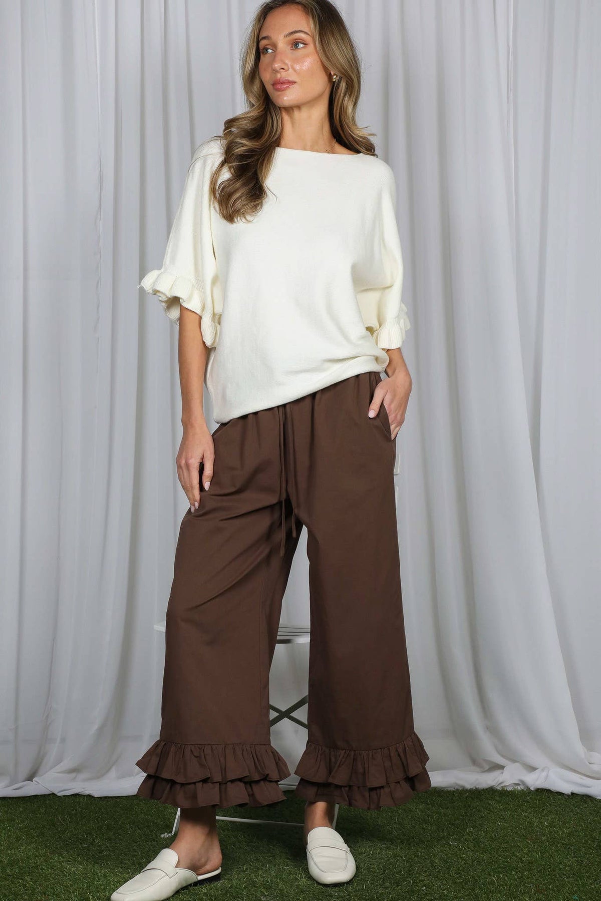 Ruffle Accent Dolman Sleeve Knitted Sweater Top VT83606