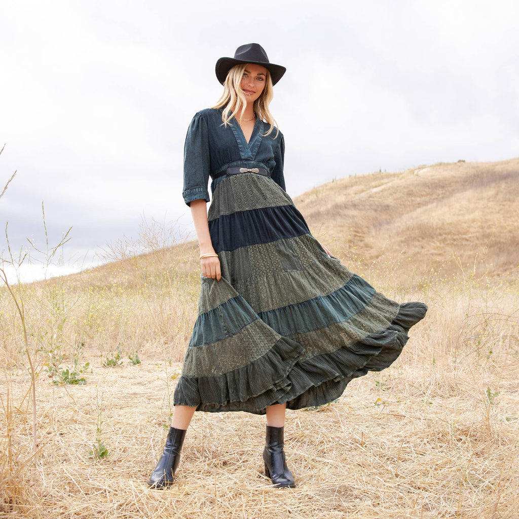 Vintage Mixed Texture Patchwork Dress - Boho Maxi NEW