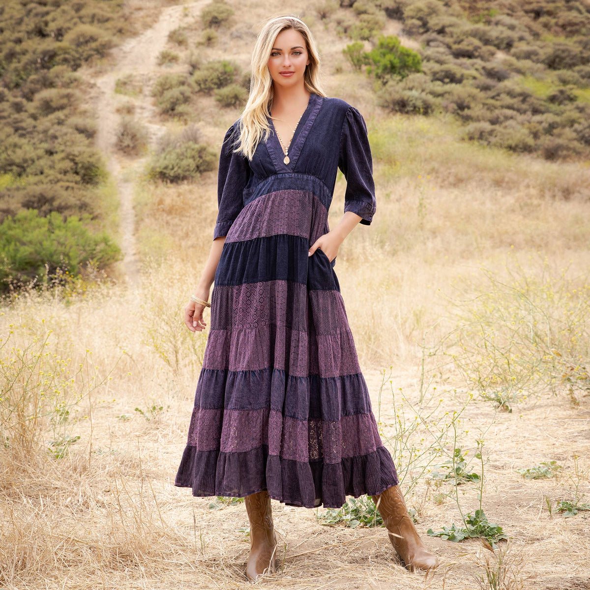 Vintage Mixed Texture Patchwork Dress - Boho Maxi NEW