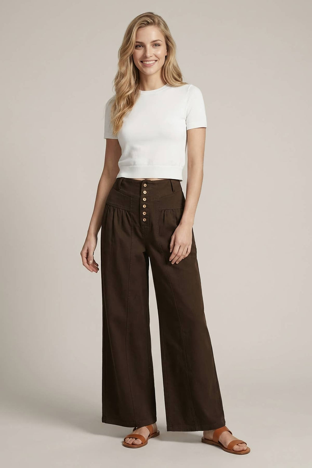 COTTON TWILL WIDE LEG BUTTON CLOSURE CROP PANTS - 8899P: Espresso / L