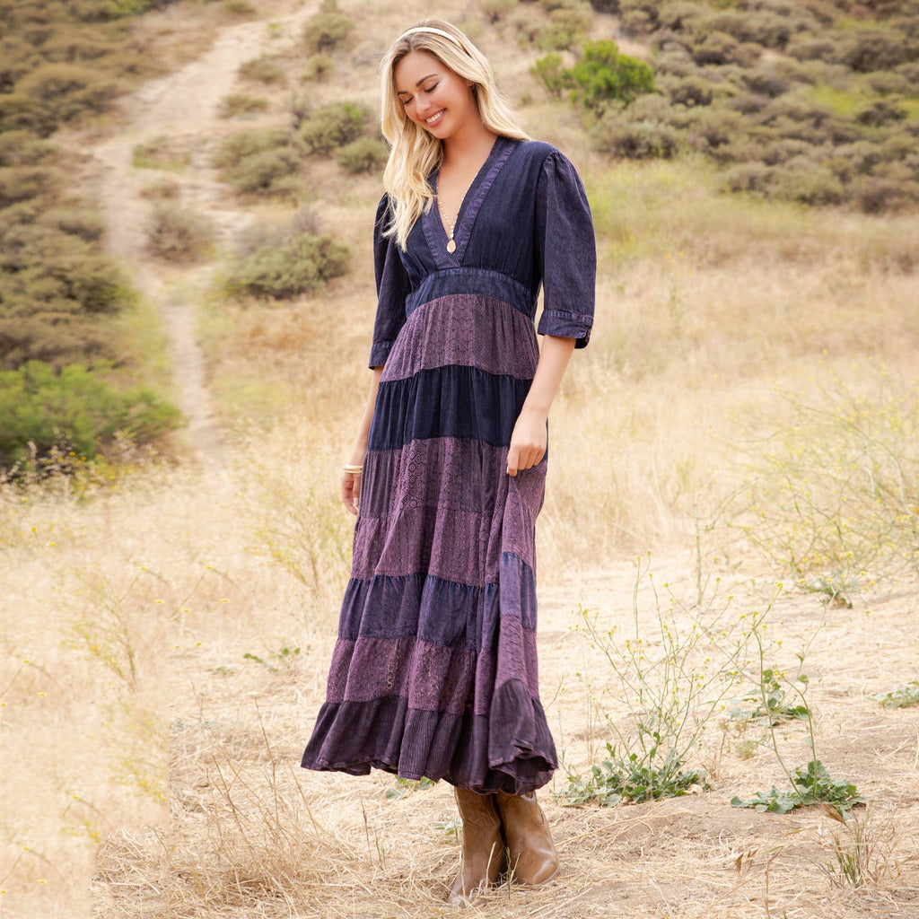 Vintage Mixed Texture Patchwork Dress - Boho Maxi NEW