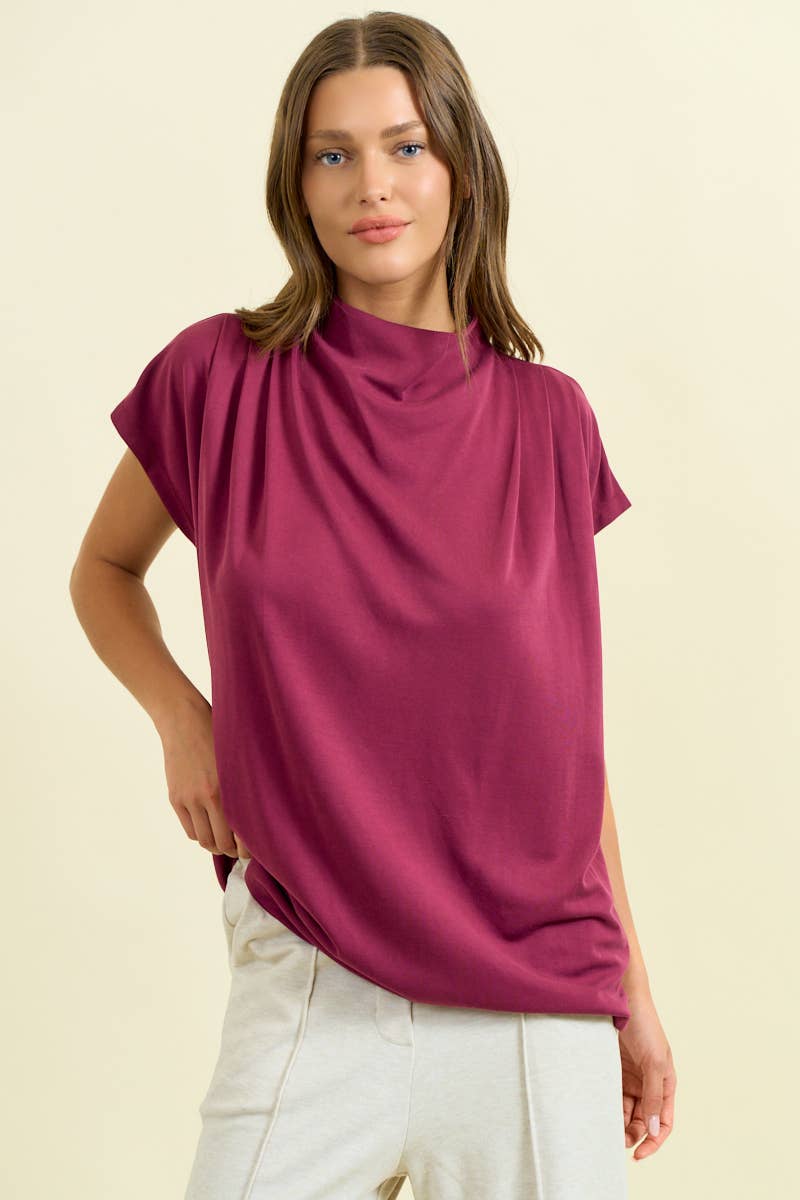 DRAPED SHOULDER DOLMAN CUPRO TOP - 45311T: Burgundy / L