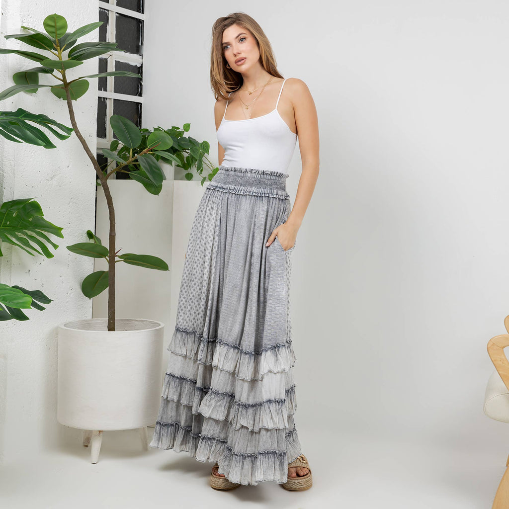 Rustic Textured Smocked Waist Ruffled Tiered Maxi Skirt