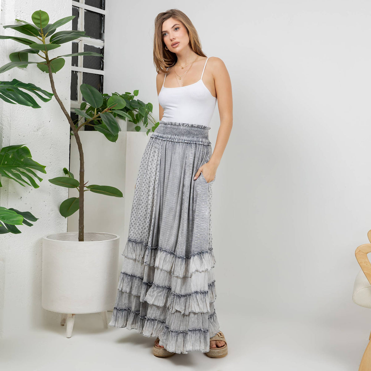 Rustic Textured Smocked Waist Ruffled Tiered Maxi Skirt