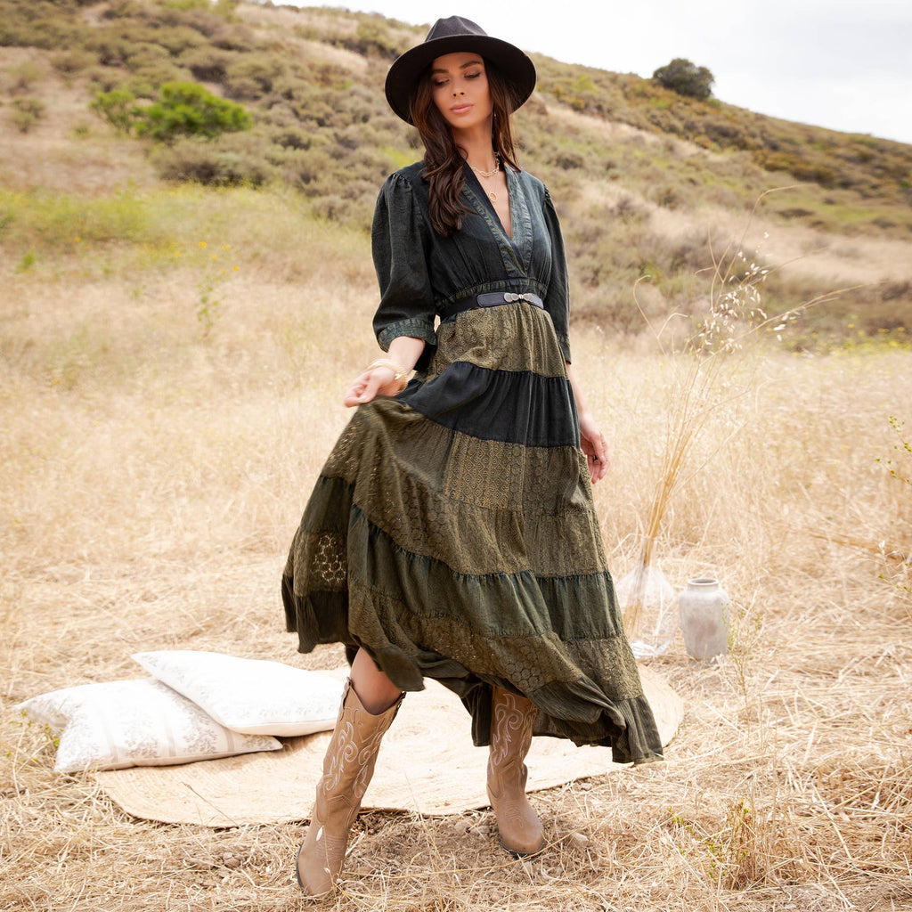 Vintage Mixed Texture Patchwork Dress - Boho Maxi NEW