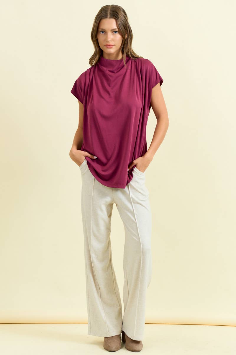 DRAPED SHOULDER DOLMAN CUPRO TOP - 45311T: Burgundy / L