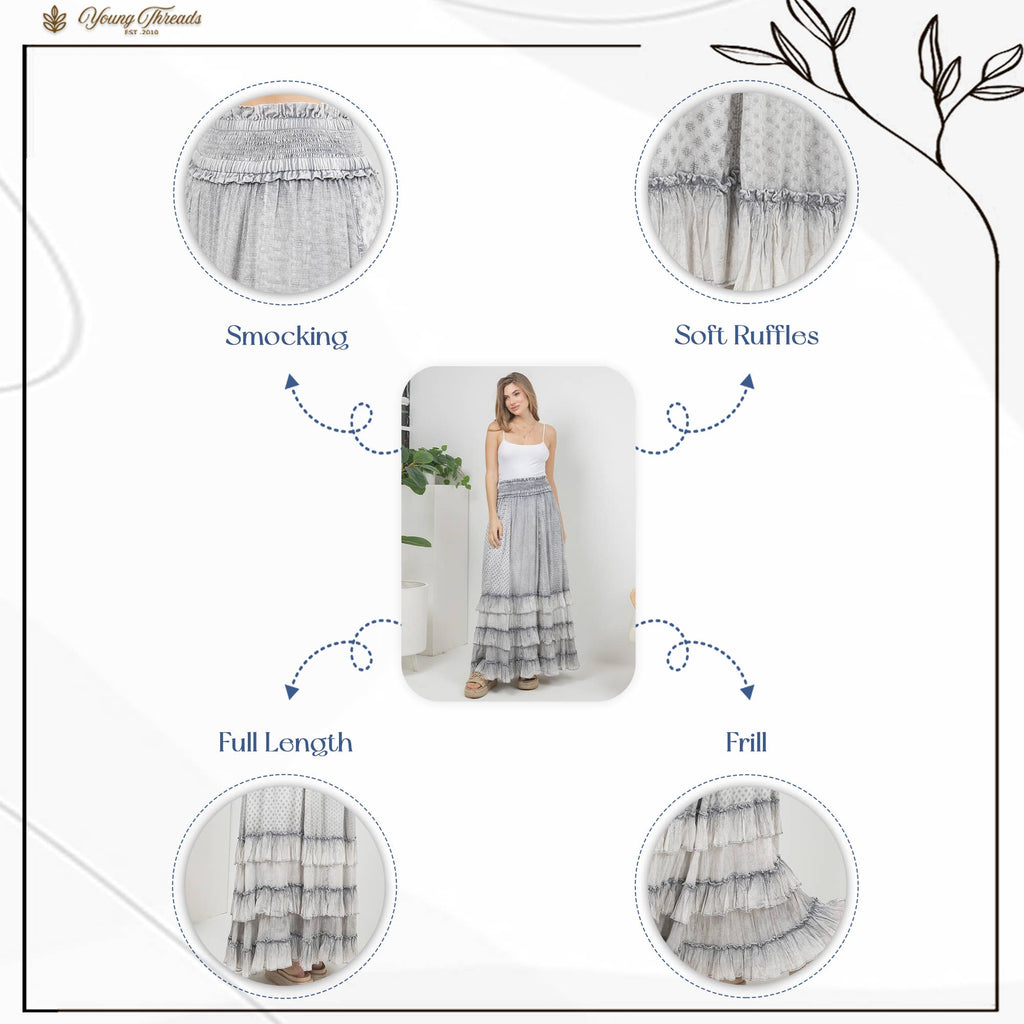 Rustic Textured Smocked Waist Ruffled Tiered Maxi Skirt