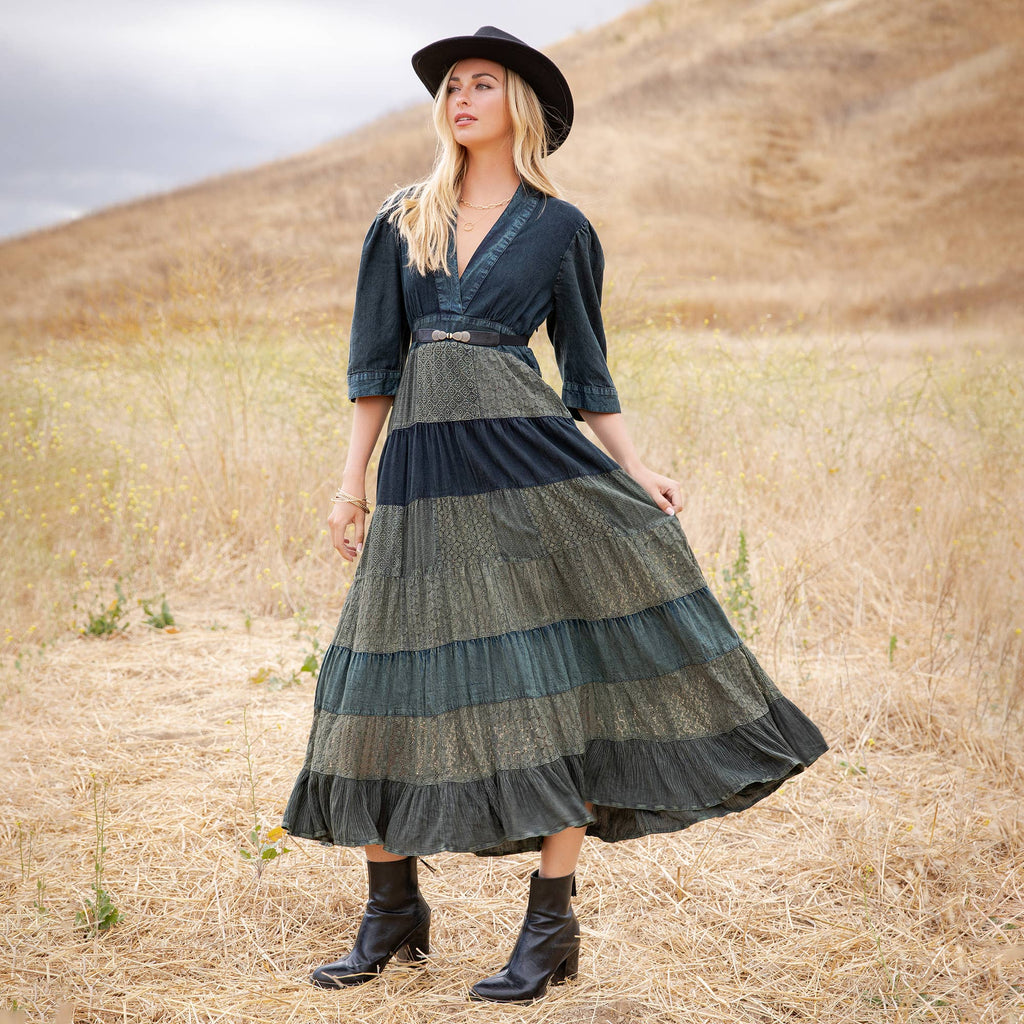 Vintage Mixed Texture Patchwork Dress - Boho Maxi NEW