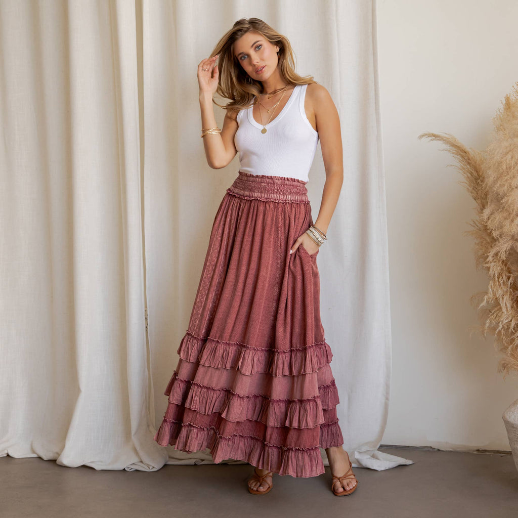 Rustic Textured Smocked Waist Ruffled Tiered Maxi Skirt