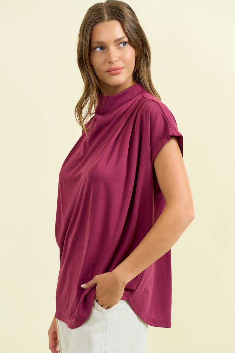 DRAPED SHOULDER DOLMAN CUPRO TOP - 45311T: Burgundy / L