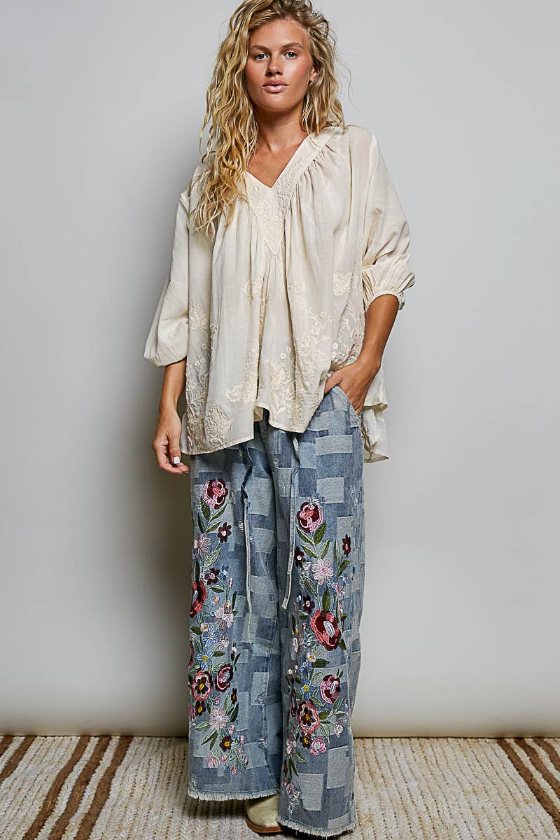 Artisanal Charm Floral Embroidered Blouse V-Neck Top: NATURAL / M